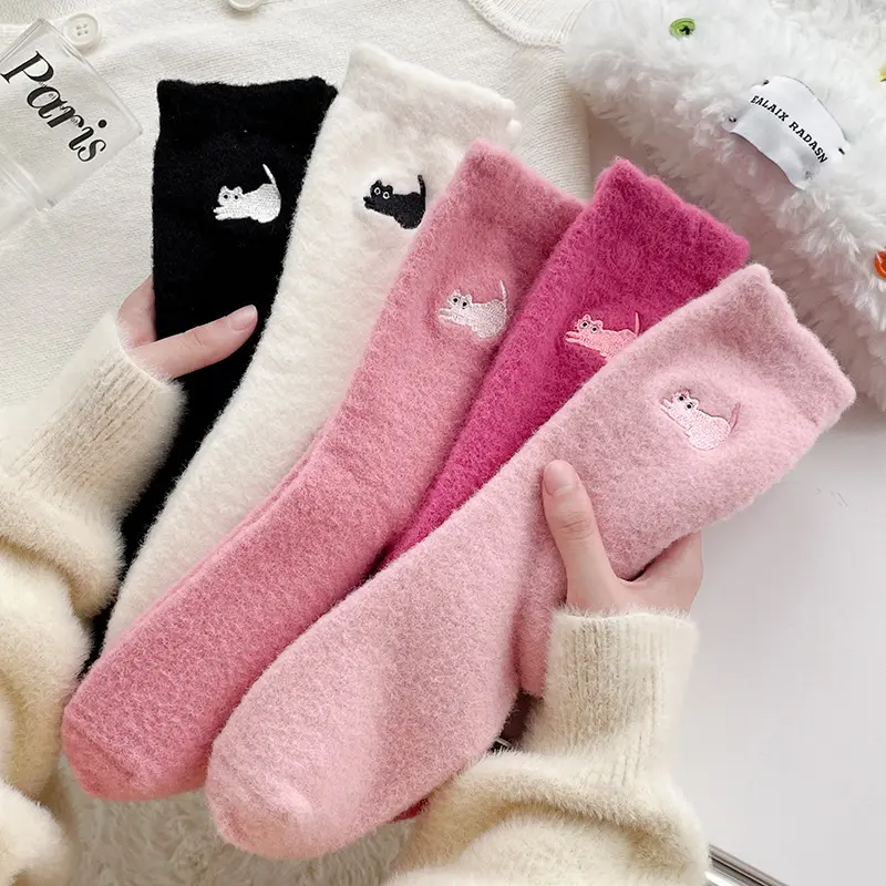 Cute Cat Mink Fleece Socks Women Autumn Winter Thickened Plush Warm Sleeping Sock Kawaii Soft Comfortable Thermal Mid-calf Socks
