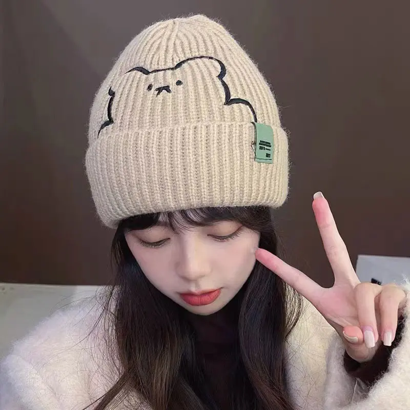 Cute Bear Beanie Cap for Women Winter Warm Woolen Knitted Hat Korean Cartoon Thermal Ear Protection Caps
