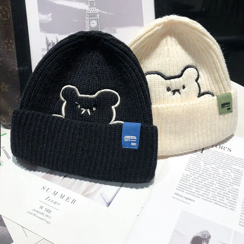 Cute Bear Beanie Cap for Women Winter Warm Woolen Knitted Hat Korean Cartoon Thermal Ear Protection Caps