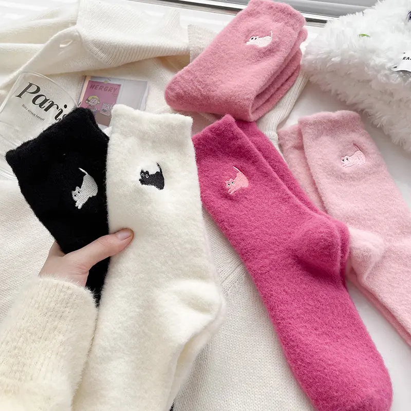 Cute Cat Mink Fleece Socks Women Autumn Winter Thickened Plush Warm Sleeping Sock Kawaii Soft Comfortable Thermal Mid-calf Socks
