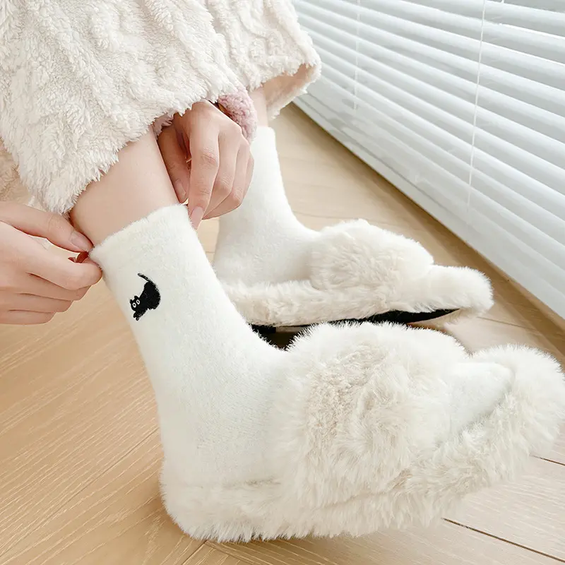Cute Cat Mink Fleece Socks Women Autumn Winter Thickened Plush Warm Sleeping Sock Kawaii Soft Comfortable Thermal Mid-calf Socks