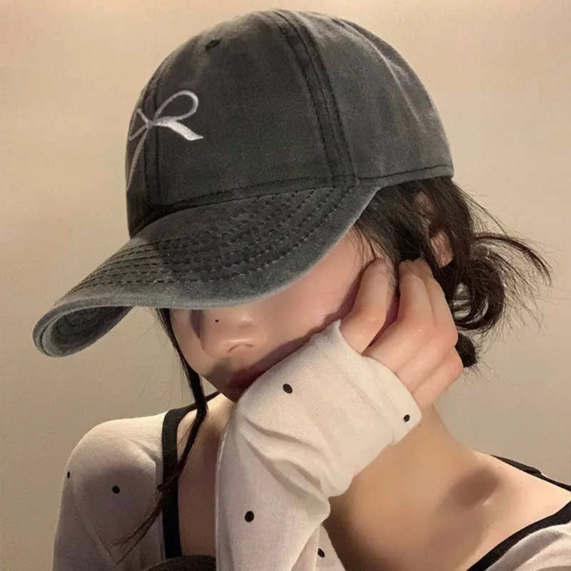 Korean Bow Embroidered Baseball Hat Women Retro Washed Denim Girls Peaked Cap Cotton Adjustable Y2K Snapback Hats