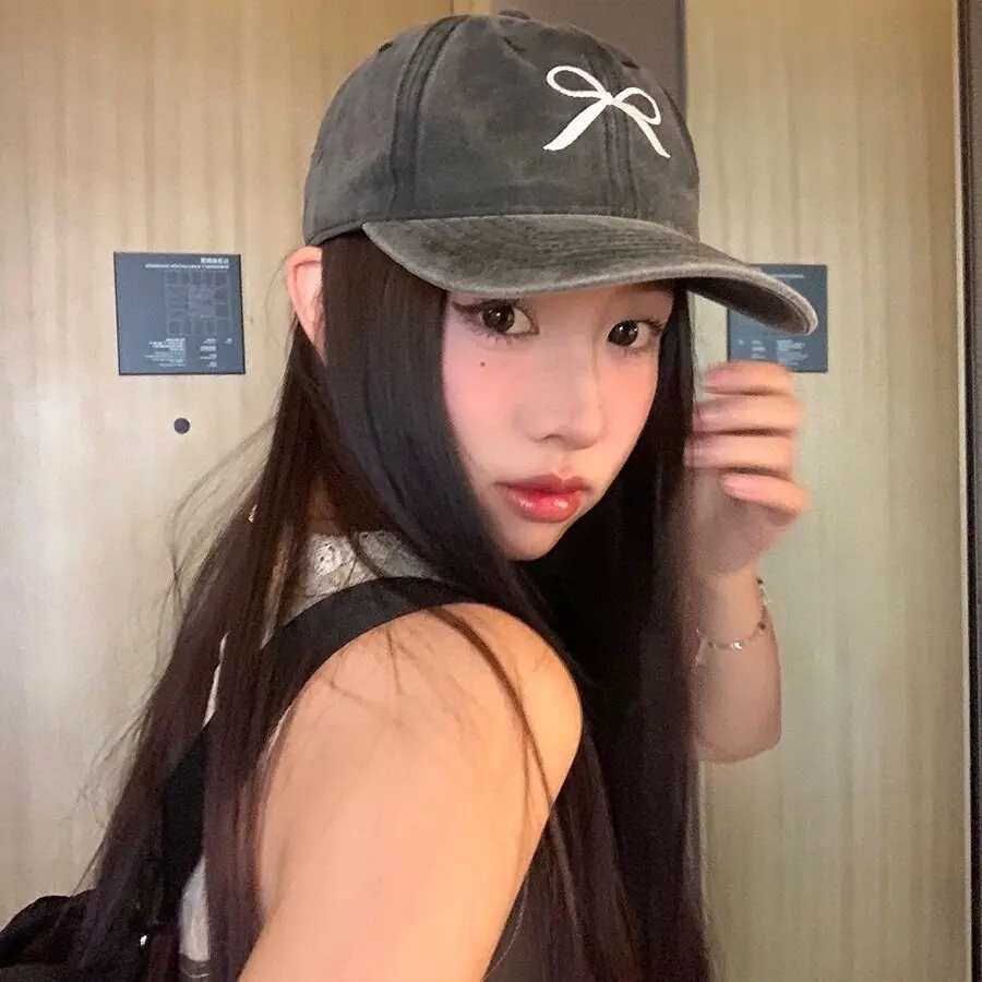 Korean Bow Embroidered Baseball Hat Women Retro Washed Denim Girls Peaked Cap Cotton Adjustable Y2K Snapback Hats