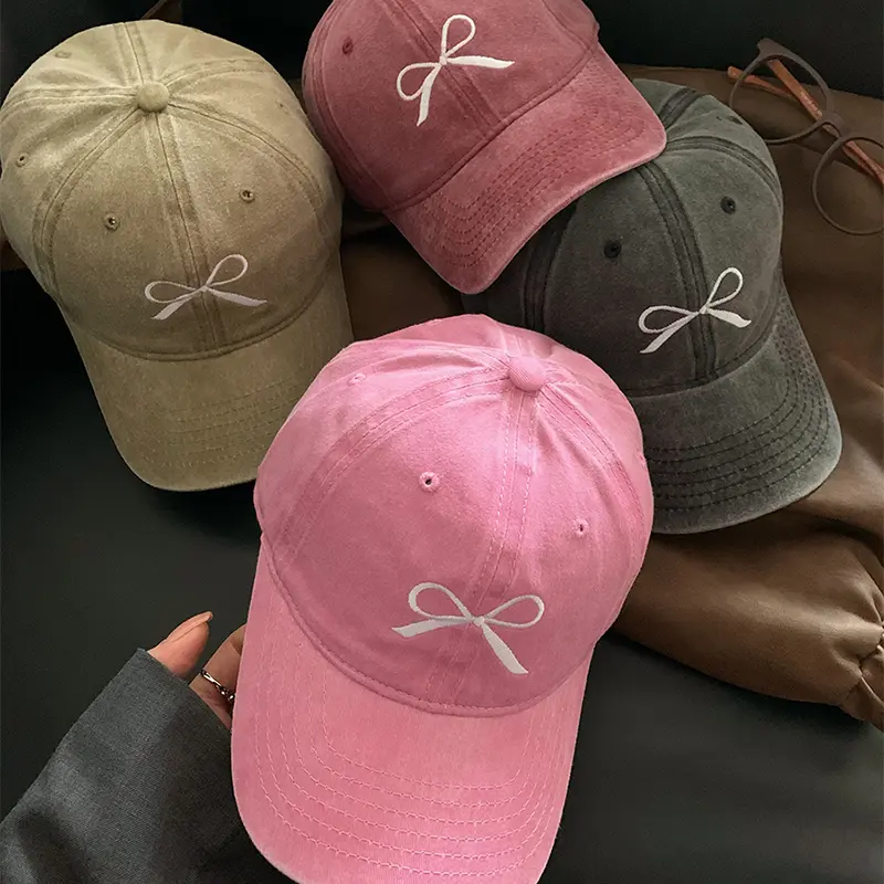 Korean Bow Embroidered Baseball Hat Women Retro Washed Denim Girls Peaked Cap Cotton Adjustable Y2K Snapback Hats