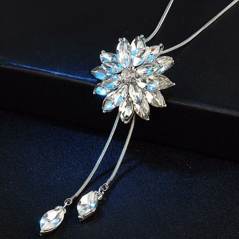Tassel Sweater Necklace Women Jewelry Chain Long Crystal Snowflake Pendant Water Drop Accessories Decoration Long Necklace