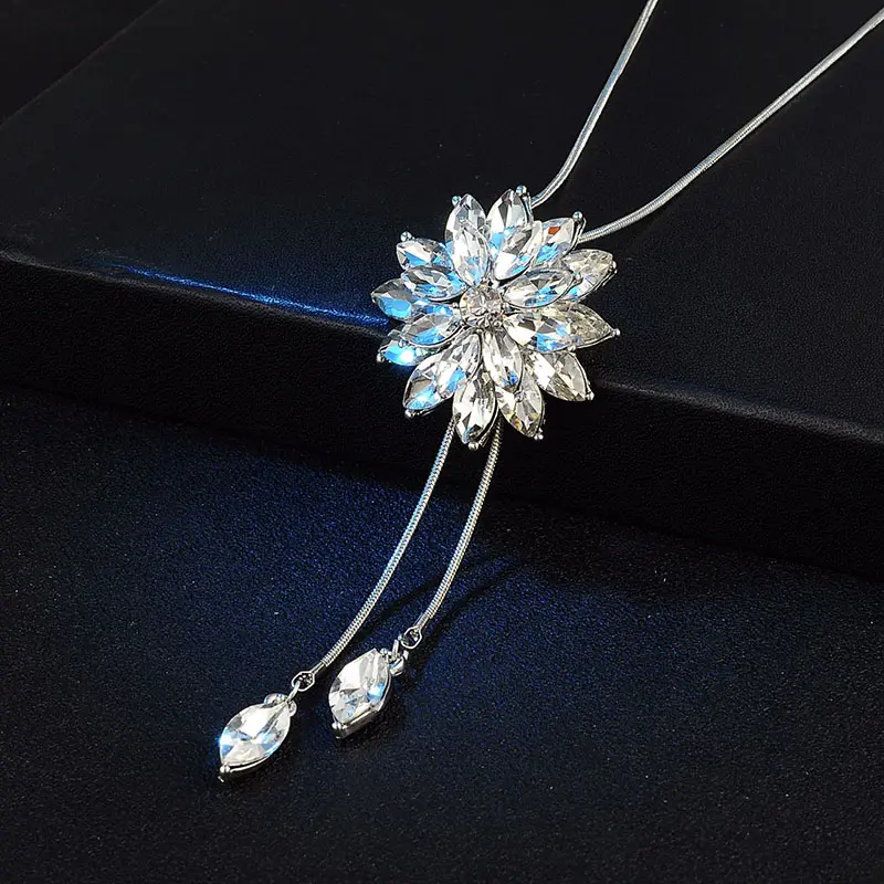 Tassel Sweater Necklace Women Jewelry Chain Long Crystal Snowflake Pendant Water Drop Accessories Decoration Long Necklace