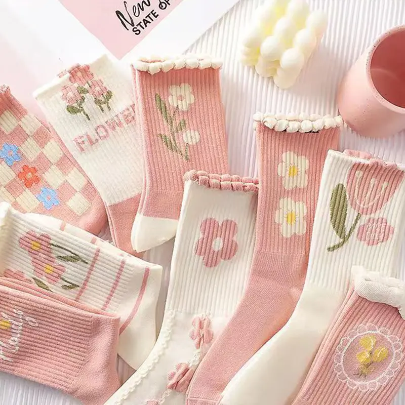 Pink Flower Women Socks Soft Cotton Mid Tube Sock for Female Girls Japanese Harajuku Kawaii Floral Casual Long Socks