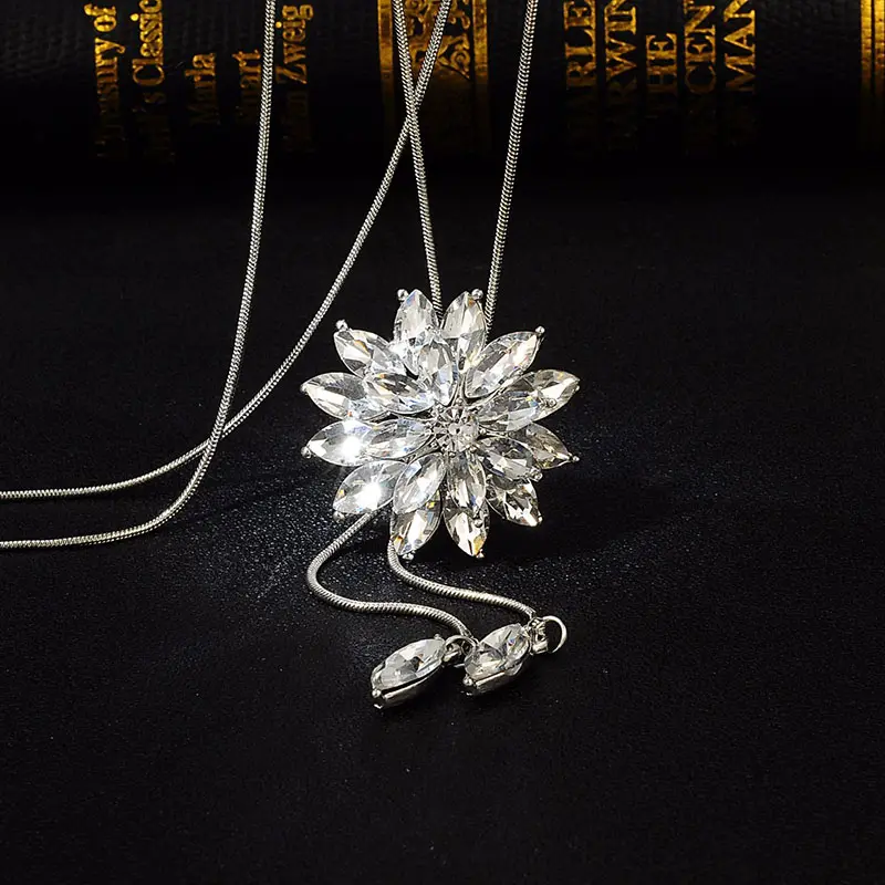 Tassel Sweater Necklace Women Jewelry Chain Long Crystal Snowflake Pendant Water Drop Accessories Decoration Long Necklace