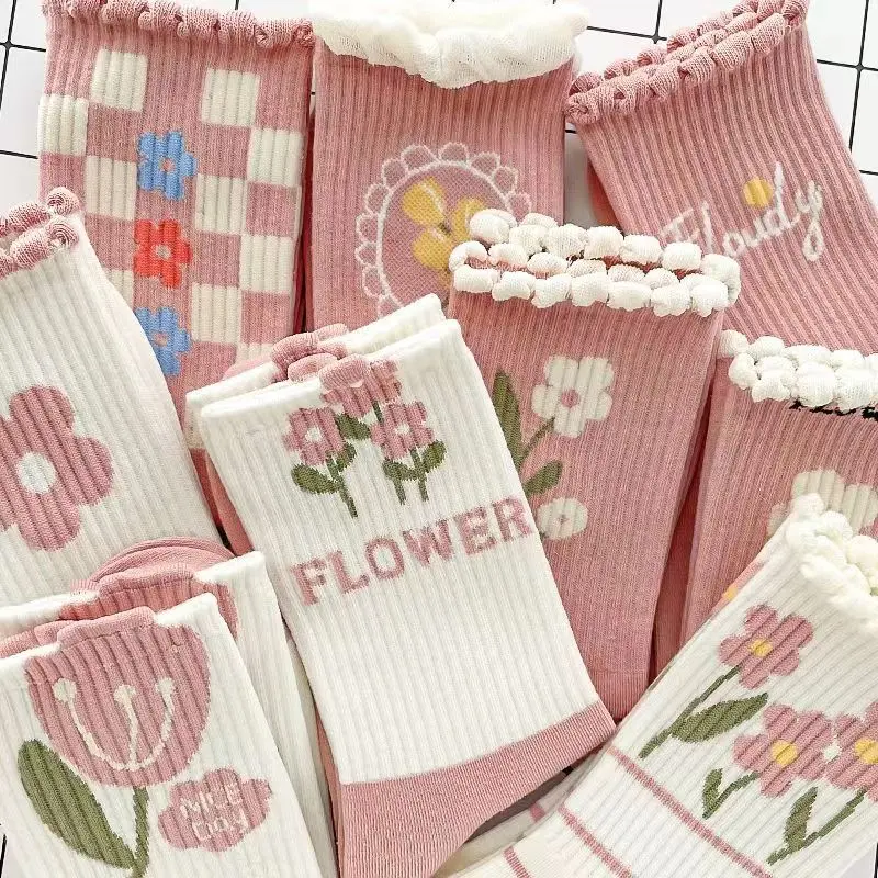 Pink Flower Women Socks Soft Cotton Mid Tube Sock for Female Girls Japanese Harajuku Kawaii Floral Casual Long Socks