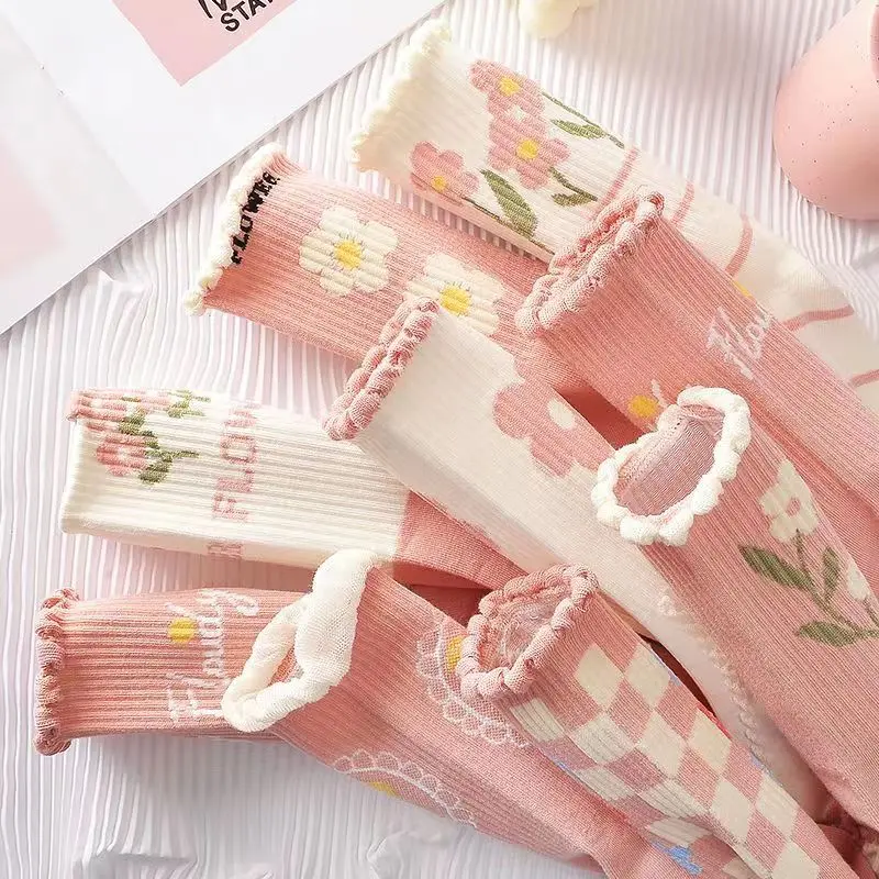 Pink Flower Women Socks Soft Cotton Mid Tube Sock for Female Girls Japanese Harajuku Kawaii Floral Casual Long Socks