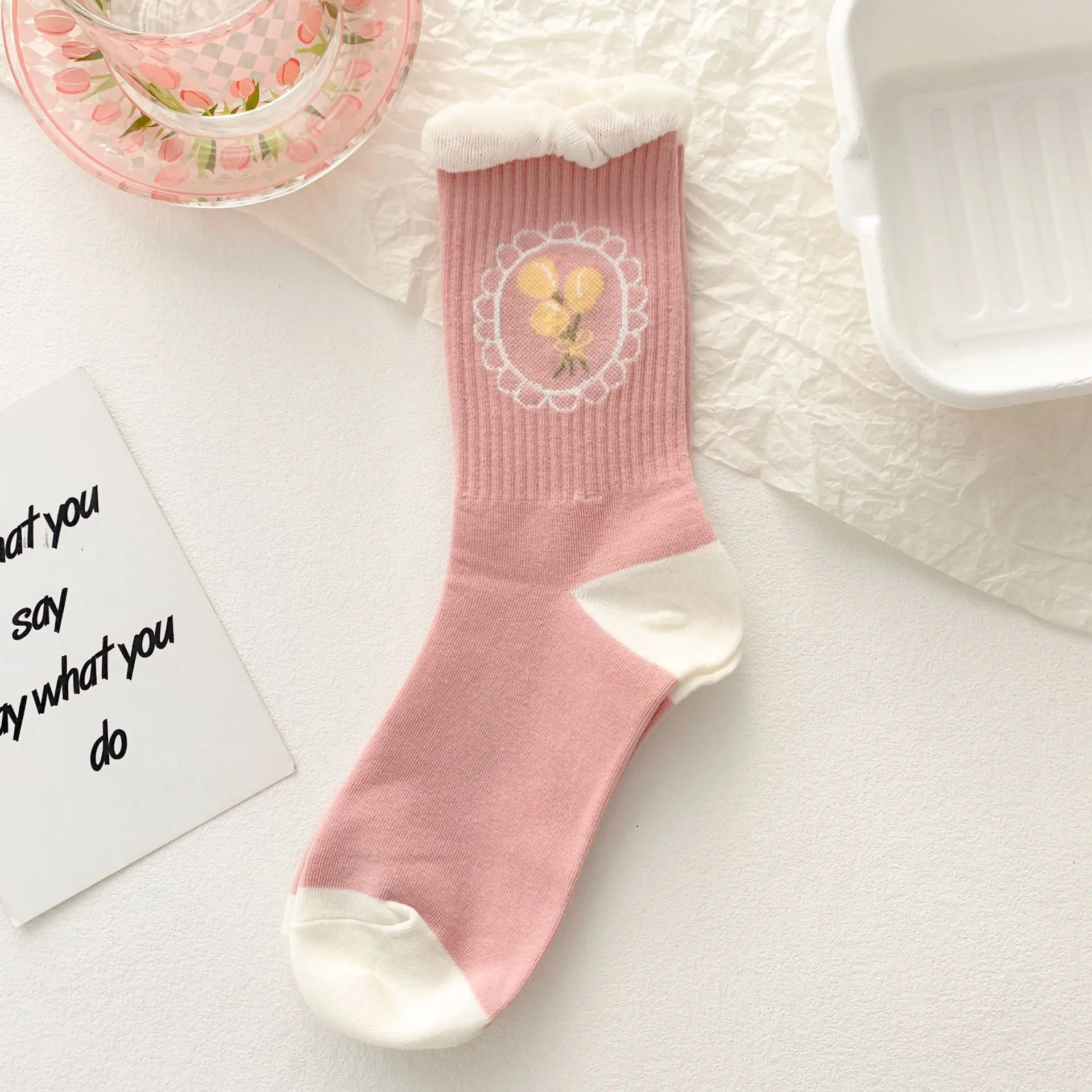 Pink Flower Women Socks Soft Cotton Mid Tube Sock for Female Girls Japanese Harajuku Kawaii Floral Casual Long Socks