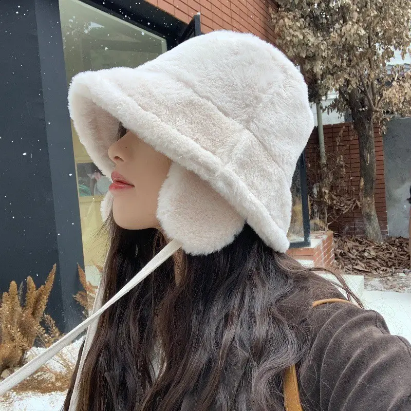 Korean Faux Fur Bucket Hat with Earflap Winter Warm Plush Ear Protection Fisherman Cap Solid Color Fluffy Fur Panama Cap