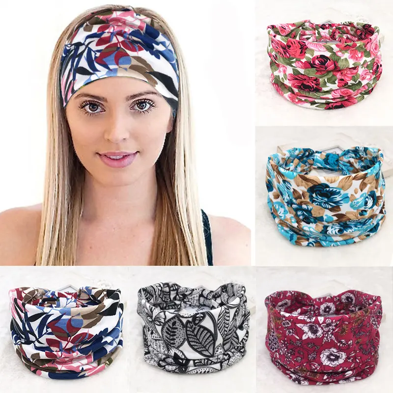 Bohemian Floral Headband for Women Boho Wide Cotton Stretch Hairbands Lady Headwrap Turban Headwear Bandage Hair Accessories