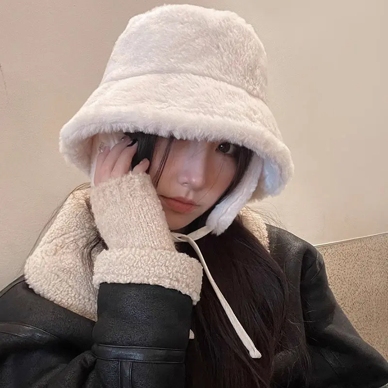 Korean Faux Fur Bucket Hat with Earflap Winter Warm Plush Ear Protection Fisherman Cap Solid Color Fluffy Fur Panama Cap