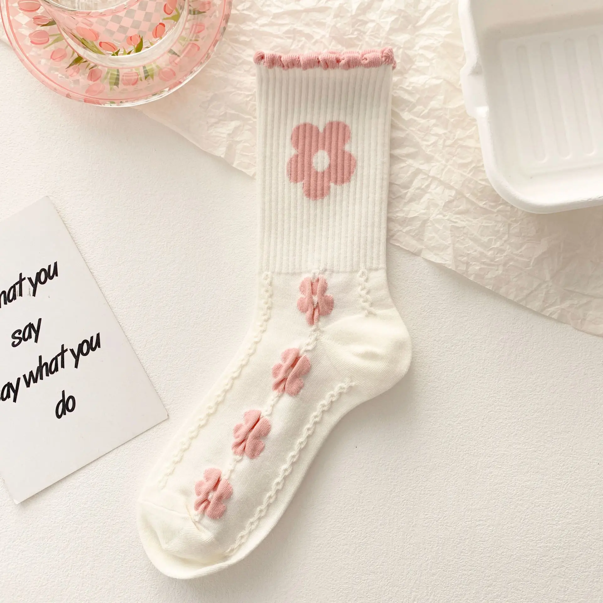 Pink Flower Women Socks Soft Cotton Mid Tube Sock for Female Girls Japanese Harajuku Kawaii Floral Casual Long Socks
