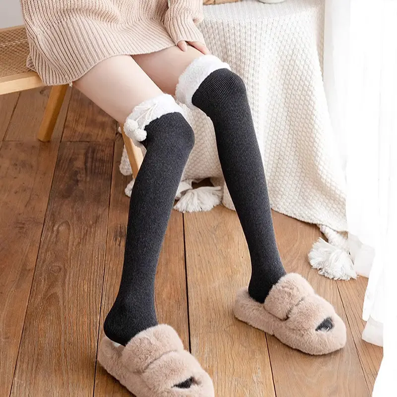 Winter Women Stockings Warm Wool Cashmere Thigh High Sock Korean Lolita Sweet Girl Cute Pompom Over Knee Long Socks