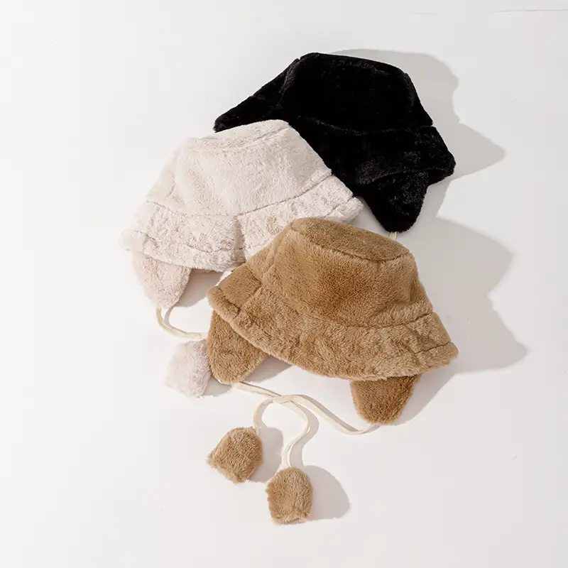 Korean Faux Fur Bucket Hat with Earflap Winter Warm Plush Ear Protection Fisherman Cap Solid Color Fluffy Fur Panama Cap
