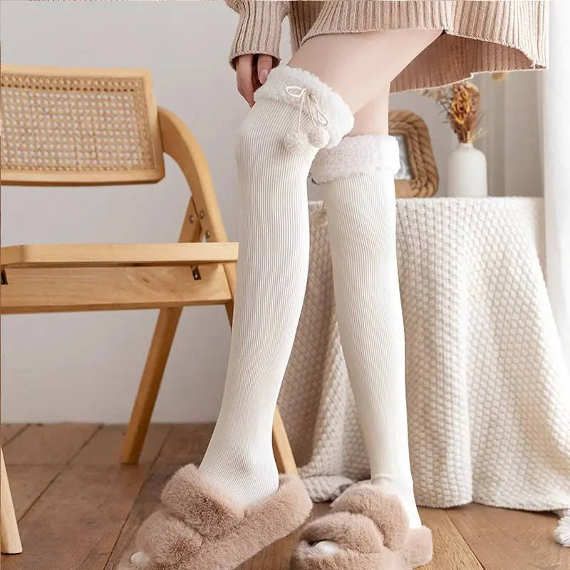 Winter Women Stockings Warm Wool Cashmere Thigh High Sock Korean Lolita Sweet Girl Cute Pompom Over Knee Long Socks