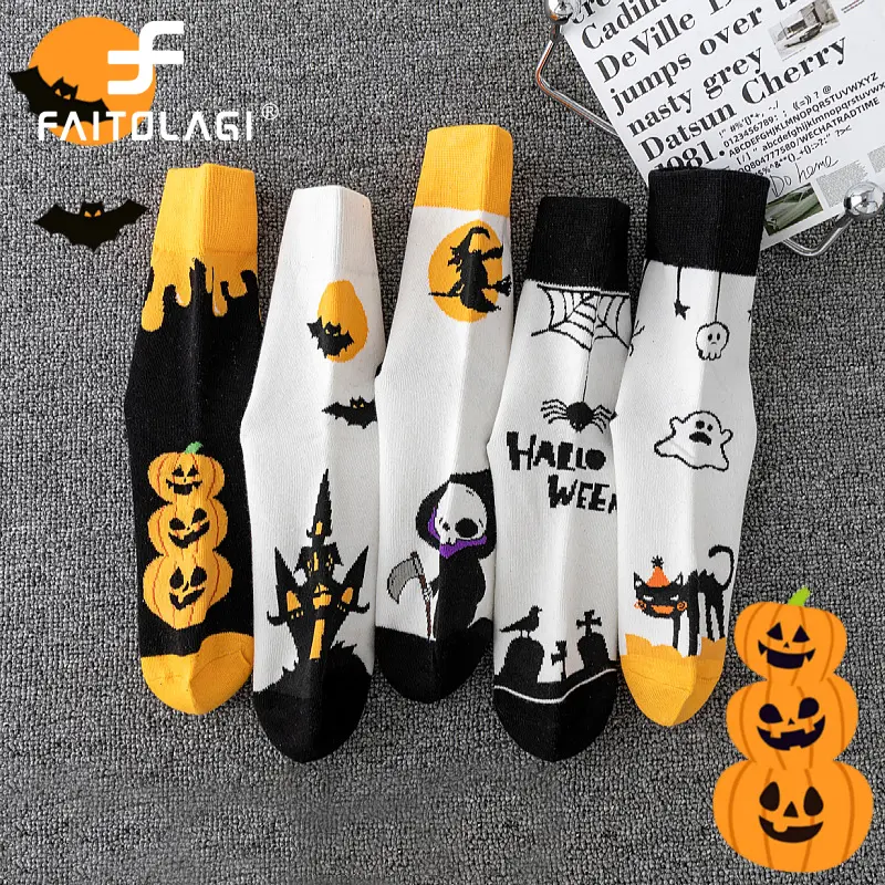 Winter Halloween Socks for Women Men Cartoon Pumpkin Bat Skeleton Funny Socks Thicken Cotton Breathable Middle Tube Socks