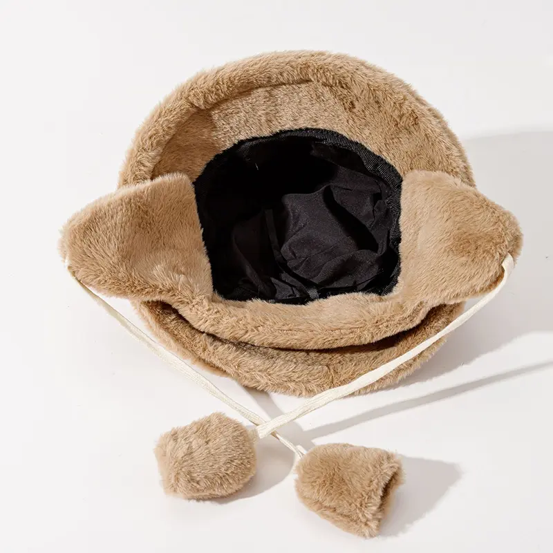 Korean Faux Fur Bucket Hat with Earflap Winter Warm Plush Ear Protection Fisherman Cap Solid Color Fluffy Fur Panama Cap