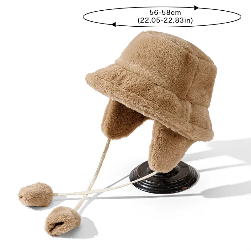 Korean Faux Fur Bucket Hat with Earflap Winter Warm Plush Ear Protection Fisherman Cap Solid Color Fluffy Fur Panama Cap