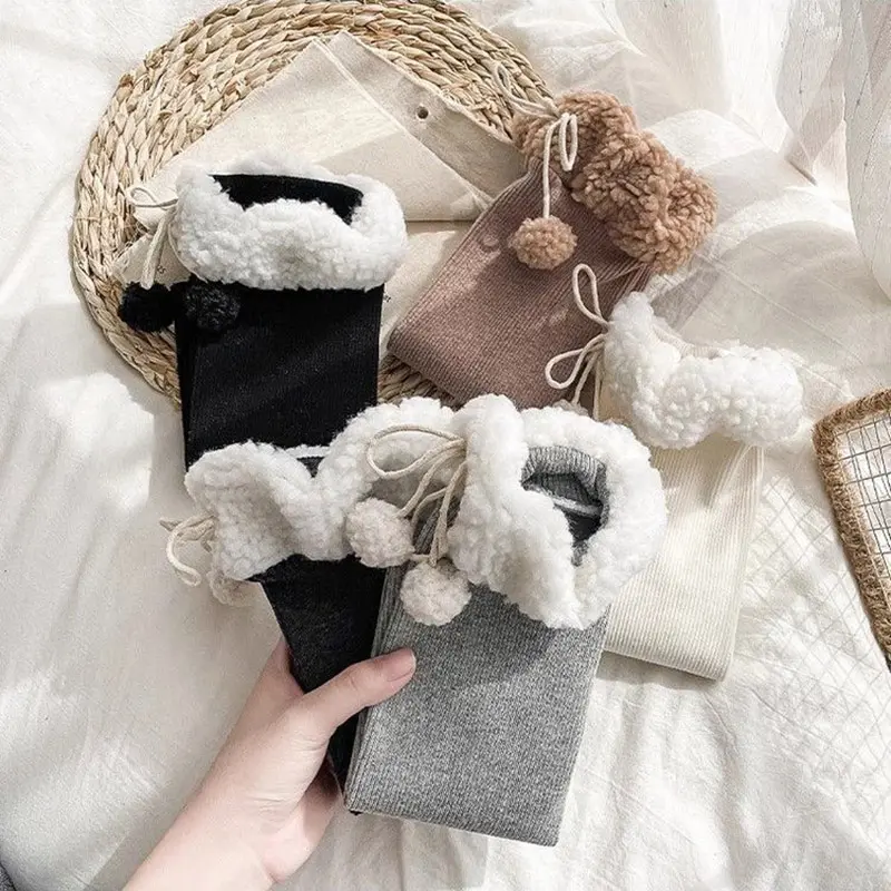 Winter Women Stockings Warm Wool Cashmere Thigh High Sock Korean Lolita Sweet Girl Cute Pompom Over Knee Long Socks