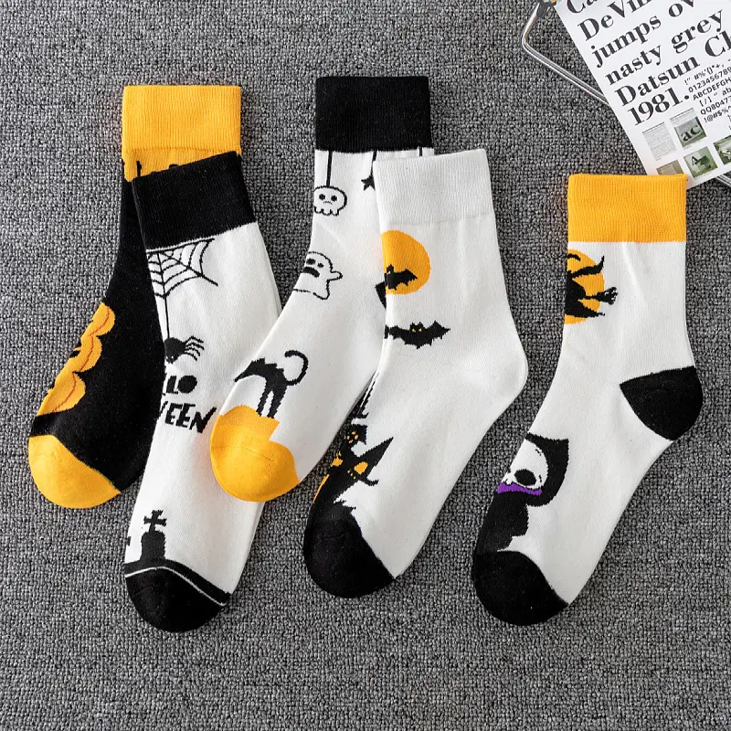 Winter Halloween Socks for Women Men Cartoon Pumpkin Bat Skeleton Funny Socks Thicken Cotton Breathable Middle Tube Socks