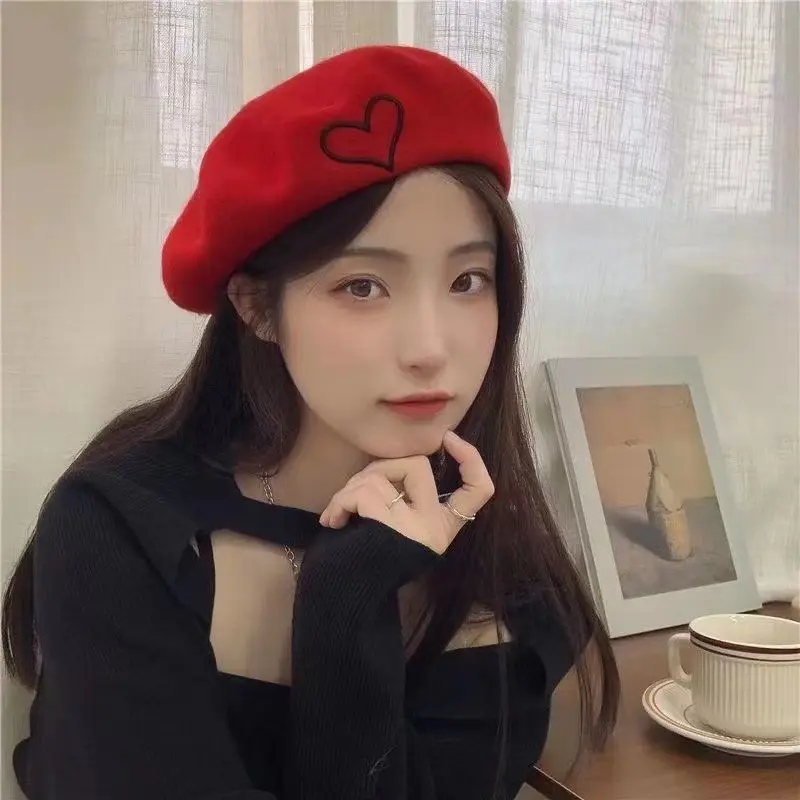 Winter Warm Berets for Women Solid Color Love Heart Embroidery Painter Cap Solid Color Thick Wool Octagonal Caps