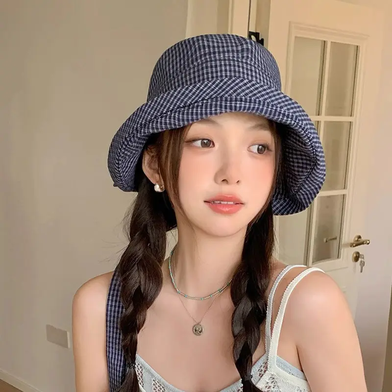 Korean Plaid Bucket Hats for Women Summer Foldable Fisherman Cap Outdoor Big Brim Sun Protection Basin Caps