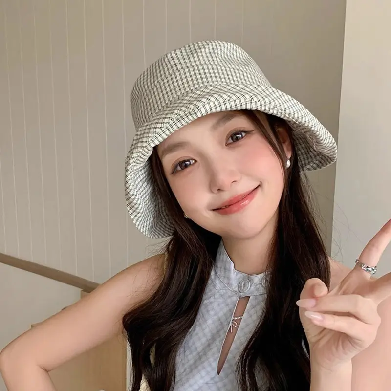 Korean Plaid Bucket Hats for Women Summer Foldable Fisherman Cap Outdoor Big Brim Sun Protection Basin Caps