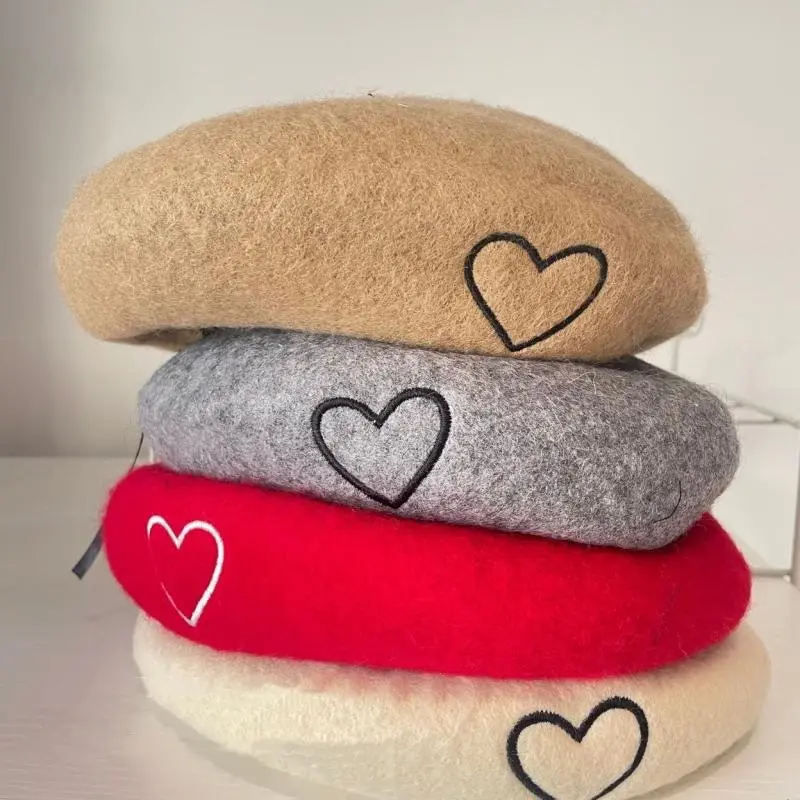 Winter Warm Berets for Women Solid Color Love Heart Embroidery Painter Cap Solid Color Thick Wool Octagonal Caps