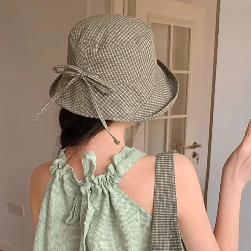 Korean Plaid Bucket Hats for Women Summer Foldable Fisherman Cap Outdoor Big Brim Sun Protection Basin Caps