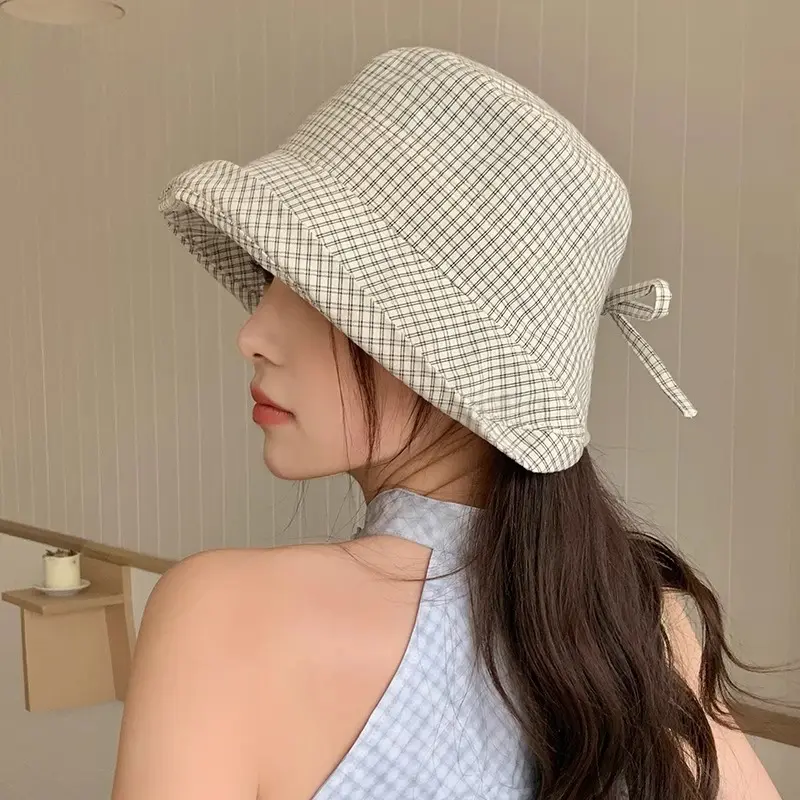 Korean Plaid Bucket Hats for Women Summer Foldable Fisherman Cap Outdoor Big Brim Sun Protection Basin Caps