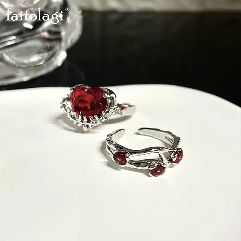 Y2K Red Zircon Thorns Heart Rings For Women Jewelry Crystal Open Rings Vintage Love Stone Aesthetic Grunge Rings