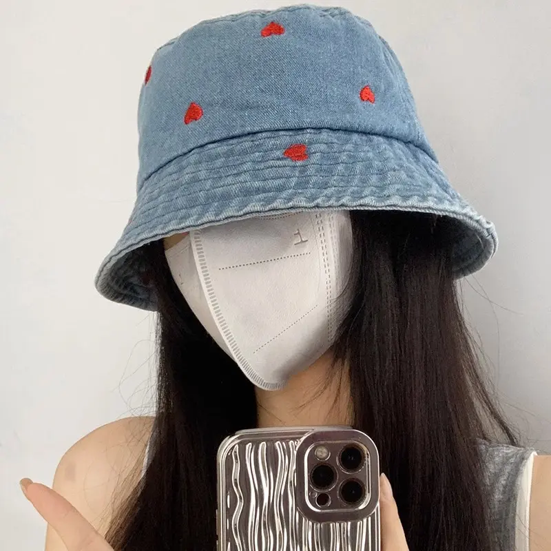 Korean Embroidered Heart Bucket Hat for Women Washed Denim Fisherman Cap Unisex Bob Caps Summer Panama Hats