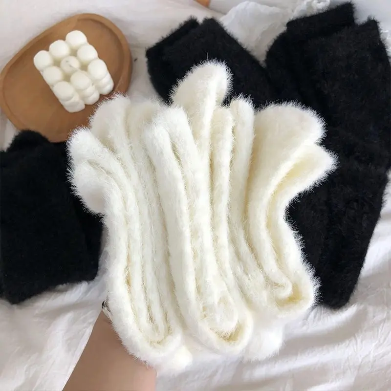 Winter Mink Velvet Socks Women White Black Warm Plush Home Sleeping Sock Soft Thicken Thermal Fluffy Middle Tube Socks