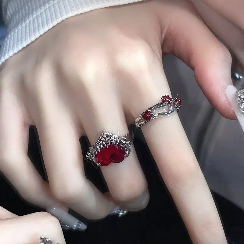 Y2K Red Zircon Thorns Heart Rings For Women Jewelry Crystal Open Rings Vintage Love Stone Aesthetic Grunge Rings