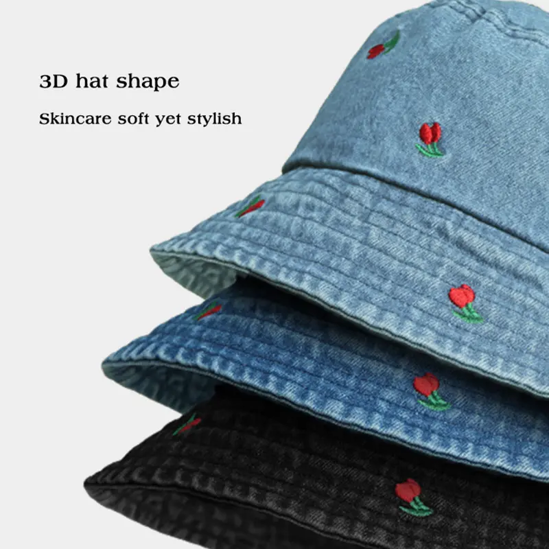 Korean Embroidered Heart Bucket Hat for Women Washed Denim Fisherman Cap Unisex Bob Caps Summer Panama Hats