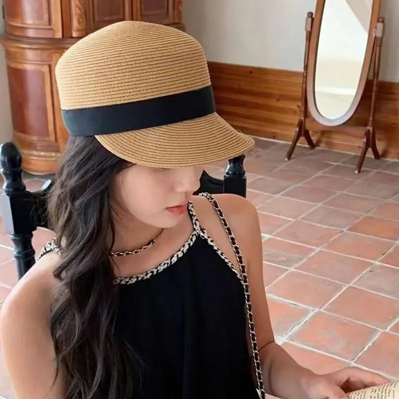 Summer Straw Hat for Women Outdoor Travel Beach Vacation Cap Vintage Bow Top Hat Girls French Flat Top Sun Visor Hats