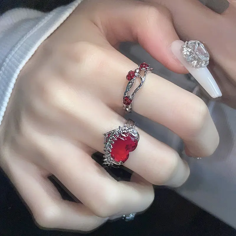 Y2K Red Zircon Thorns Heart Rings For Women Jewelry Crystal Open Rings Vintage Love Stone Aesthetic Grunge Rings