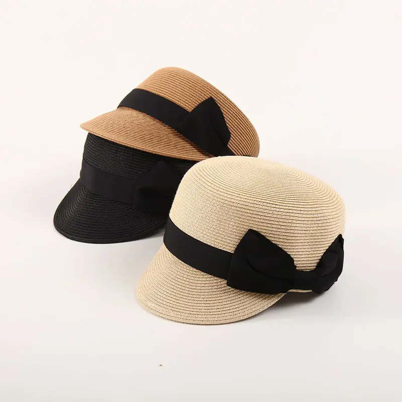 Summer Straw Hat for Women Outdoor Travel Beach Vacation Cap Vintage Bow Top Hat Girls French Flat Top Sun Visor Hats
