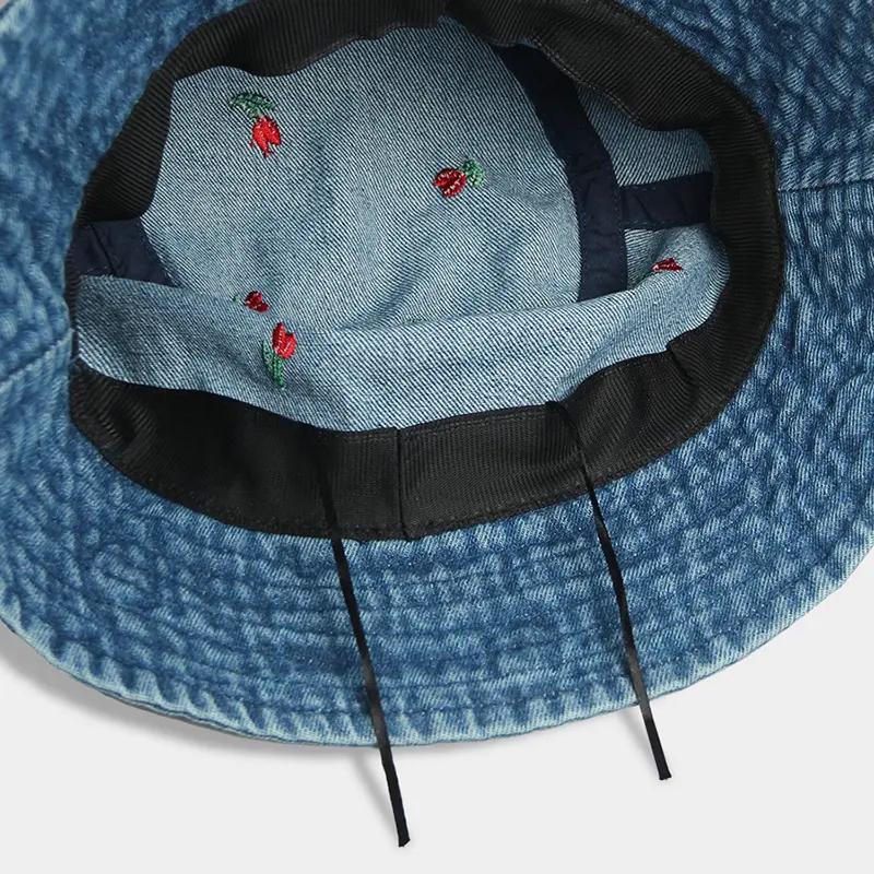 Korean Embroidered Heart Bucket Hat for Women Washed Denim Fisherman Cap Unisex Bob Caps Summer Panama Hats