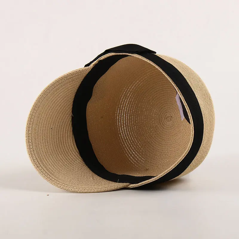 Summer Straw Hat for Women Outdoor Travel Beach Vacation Cap Vintage Bow Top Hat Girls French Flat Top Sun Visor Hats