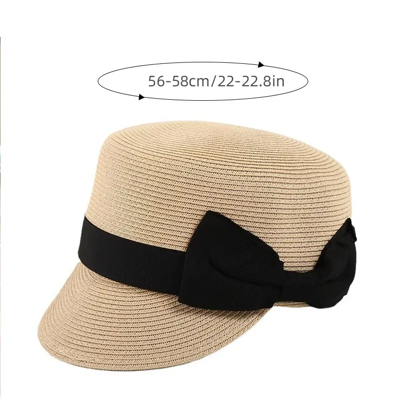 Summer Straw Hat for Women Outdoor Travel Beach Vacation Cap Vintage Bow Top Hat Girls French Flat Top Sun Visor Hats