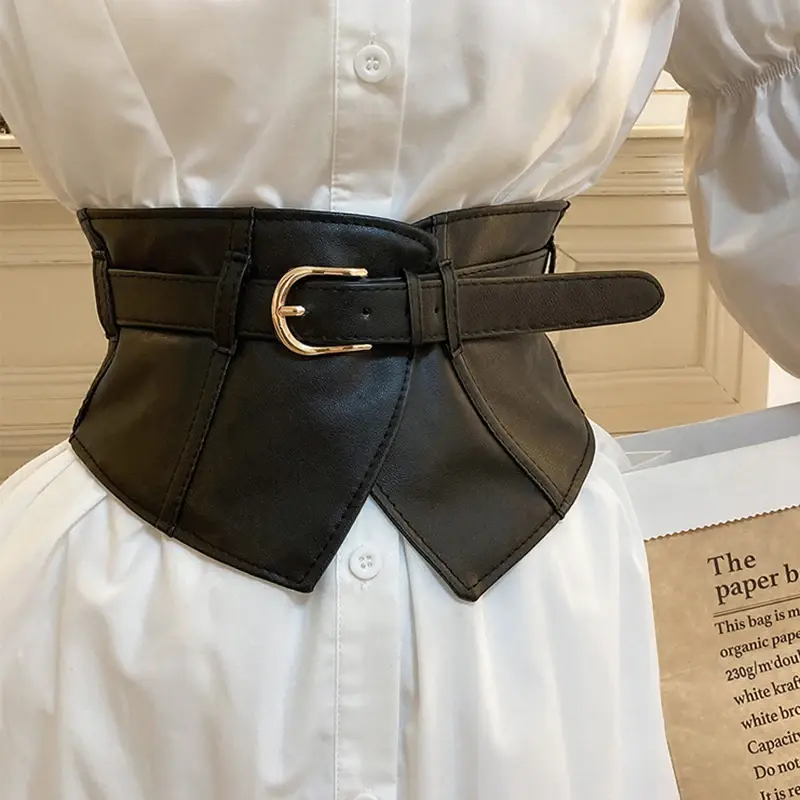 Retro Corset Belts for Women Classic Black Pin Buckle Wide Waistband Trendy PU Leather Dress Coat Girdle Belts