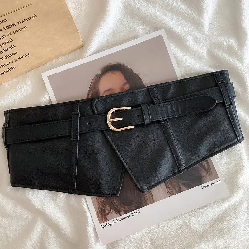 Retro Corset Belts for Women Classic Black Pin Buckle Wide Waistband Trendy PU Leather Dress Coat Girdle Belts