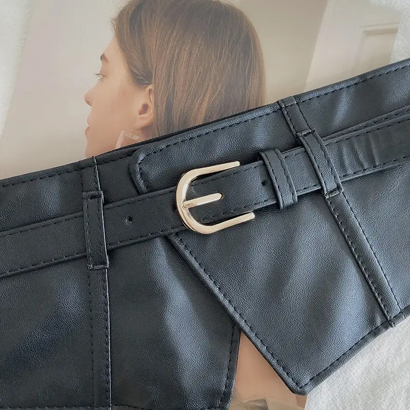 Retro Corset Belts for Women Classic Black Pin Buckle Wide Waistband Trendy PU Leather Dress Coat Girdle Belts