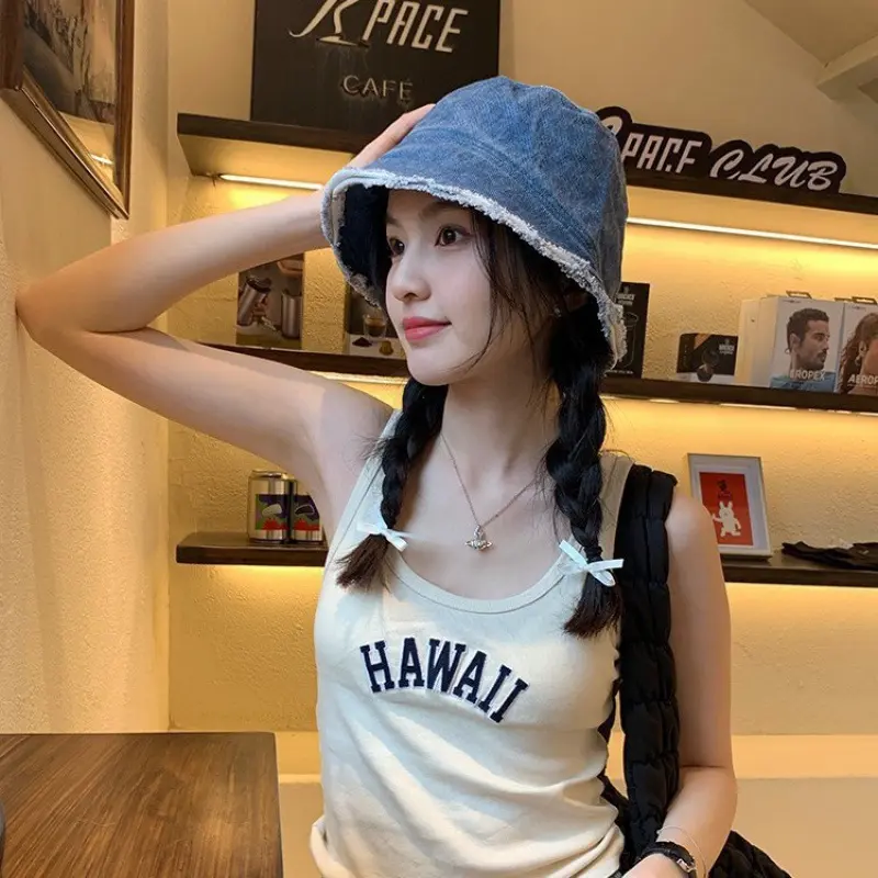 Retro Denim Washed Bucket Hat for Women Fashion Bob Folding Fisherman Cap Outdoor Sunshade Wide Brim Panama Sun Hats