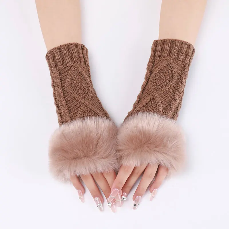 Women Furry Warm Sleeves Gloves Autumn Winter Lady Faux Rabbit Fur Fingerless Elastic Knitted Hemp Mittens Clothing Accessories