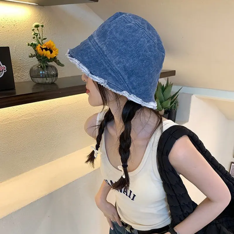 Retro Denim Washed Bucket Hat for Women Fashion Bob Folding Fisherman Cap Outdoor Sunshade Wide Brim Panama Sun Hats